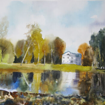 Malarstwo zatytułowany „Autumn in the park” autorstwa Elena Gaivoronskaia, Oryginalna praca, Akwarela