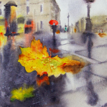 Malerei mit dem Titel "Rainy day in the ci…" von Elena Gaivoronskaia, Original-Kunstwerk, Aquarell