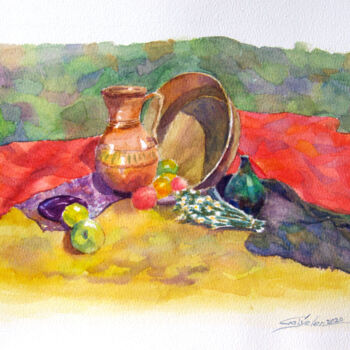 Painting titled "Breakfast on the gr…" by Elena Gaivoronskaia, Original Artwork, Watercolor