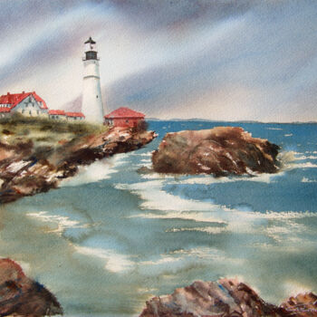Peinture intitulée "Portland lighthouse" par Elena Gaivoronskaia, Œuvre d'art originale, Aquarelle