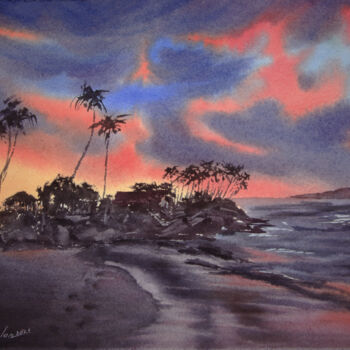 Painting titled "Sunset in Hawaii" by Elena Gaivoronskaia, Original Artwork, Watercolor