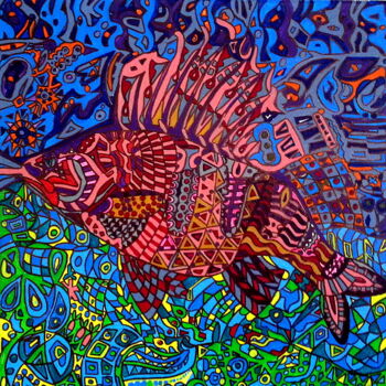 Schilderij getiteld "Red Fish" door Elena Giger, Origineel Kunstwerk, Acryl Gemonteerd op Frame voor houten brancard