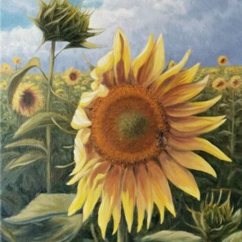 Painting titled "Sunflower" by Elena Istomina, Original Artwork, Oil Mounted on Wood Stretcher frame