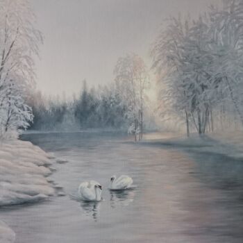 Painting titled "Winter has covered…" by Elena Istomina, Original Artwork, Oil Mounted on Wood Stretcher frame