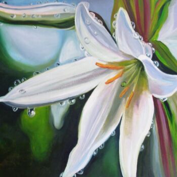 Painting titled "Lily white Floral O…" by Elena Ivanova, Original Artwork, Oil Mounted on Wood Stretcher frame