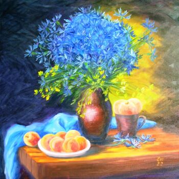 Painting titled "Cornflowers Floral…" by Elena Ivanova, Original Artwork, Oil Mounted on Wood Stretcher frame