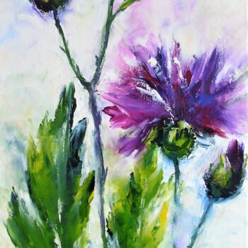Painting titled "Thistles Floral Ori…" by Elena Ivanova, Original Artwork, Oil Mounted on Wood Stretcher frame