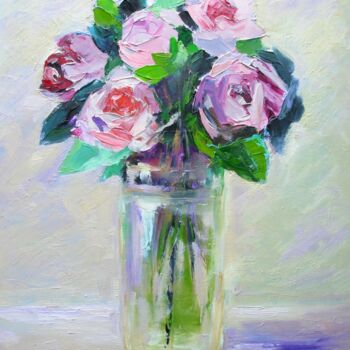 Painting titled "Roses in vase Flora…" by Elena Ivanova, Original Artwork, Oil Mounted on Cardboard