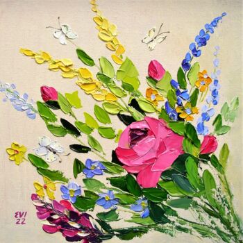 Schilderij getiteld "Rose Floral Origina…" door Elena Ivanova, Origineel Kunstwerk, Olie Gemonteerd op Karton