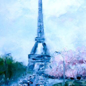 Painting titled "Paris Landscape Ori…" by Elena Ivanova, Original Artwork, Oil Mounted on Wood Stretcher frame