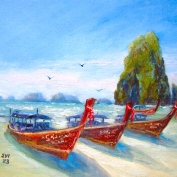 Schilderij getiteld "Boats Seascape Orig…" door Elena Ivanova, Origineel Kunstwerk, Olie