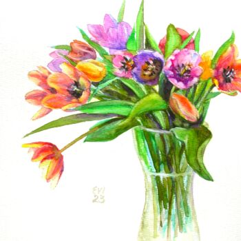 Peinture intitulée "Tulips Flowers Orig…" par Elena Ivanova, Œuvre d'art originale, Aquarelle