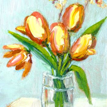 Painting titled "Tulips Flowers Orig…" by Elena Ivanova, Original Artwork, Oil Mounted on Cardboard