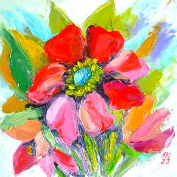 Painting titled "Red flower Floral O…" by Elena Ivanova, Original Artwork, Oil Mounted on Cardboard
