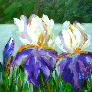 Peinture intitulée "Iris Floral Origina…" par Elena Ivanova, Œuvre d'art originale, Huile Monté sur Carton