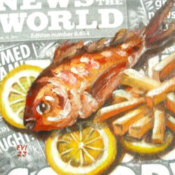 Painting titled "Fish and chips Orig…" by Elena Ivanova, Original Artwork, Oil Mounted on Cardboard