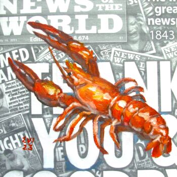 Painting titled "Lobster on newspape…" by Elena Ivanova, Original Artwork, Oil Mounted on Cardboard