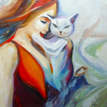 Painting titled "Girl with cat Portr…" by Elena Ivanova, Original Artwork, Oil Mounted on Cardboard