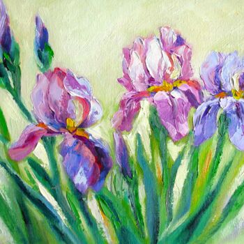 Schilderij getiteld "Irises Floral Origi…" door Elena Ivanova, Origineel Kunstwerk, Olie Gemonteerd op Karton