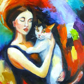 "Girl with cat Portr…" başlıklı Tablo Elena Ivanova tarafından, Orijinal sanat, Petrol Karton üzerine monte edilmiş