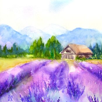 Painting titled "Lavender field Land…" by Elena Ivanova, Original Artwork, Watercolor