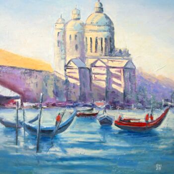 Painting titled "Venice Cityscape Or…" by Elena Ivanova, Original Artwork, Oil Mounted on Wood Stretcher frame