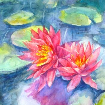 Painting titled "Water-lilies Floral…" by Elena Ivanova, Original Artwork, Watercolor