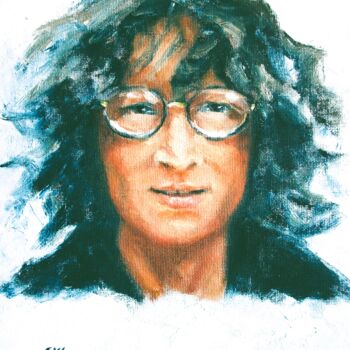 Painting titled "John Lennon Portrai…" by Elena Ivanova, Original Artwork, Oil Mounted on Cardboard