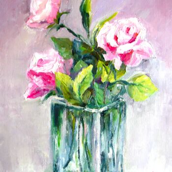 Картина под названием "Pink roses in vase…" - Elena Ivanova, Подлинное произведение искусства, Масло