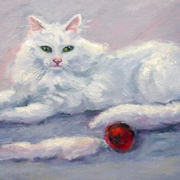 Painting titled "White cat with toy…" by Elena Ivanova, Original Artwork, Oil Mounted on Cardboard
