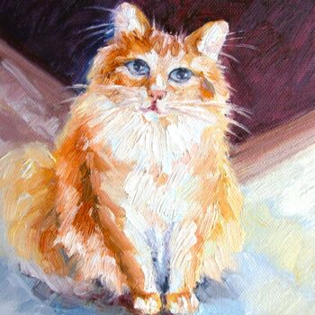 Peinture intitulée "Ginger fluffy cat A…" par Elena Ivanova, Œuvre d'art originale, Huile Monté sur Carton
