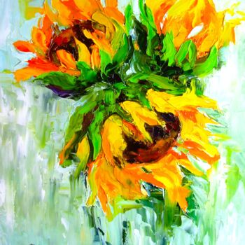 Schilderij getiteld "Sunflowers Flowers…" door Elena Ivanova, Origineel Kunstwerk, Olie Gemonteerd op Karton