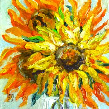 Painting titled "Sunflowers in vase…" by Elena Ivanova, Original Artwork, Oil Mounted on Wood Stretcher frame