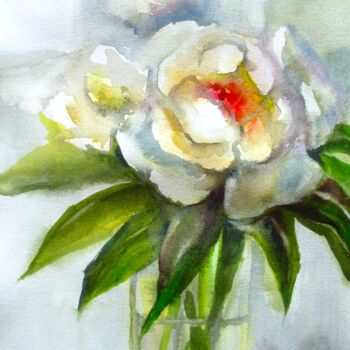 Картина под названием "White peony Floral…" - Elena Ivanova, Подлинное произведение искусства, Акварель