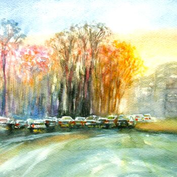 Painting titled "Sunset in city City…" by Elena Ivanova, Original Artwork, Watercolor