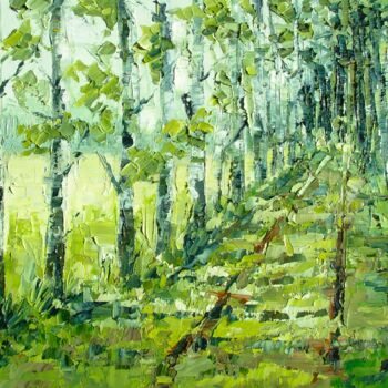 Painting titled "Birch trees alley L…" by Elena Ivanova, Original Artwork, Oil Mounted on Cardboard