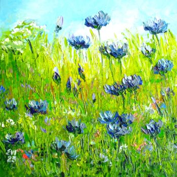 Painting titled "Cornflowers in mead…" by Elena Ivanova, Original Artwork, Oil Mounted on Wood Stretcher frame