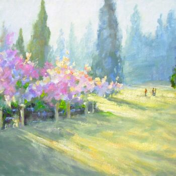 Painting titled "Blossom Landscape O…" by Elena Ivanova, Original Artwork, Oil Mounted on Cardboard