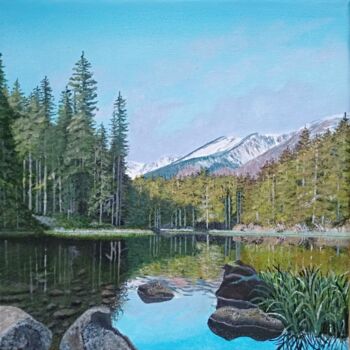 Painting titled "Canada Lake" by Elena Klever, Original Artwork, Acrylic Mounted on Wood Stretcher frame