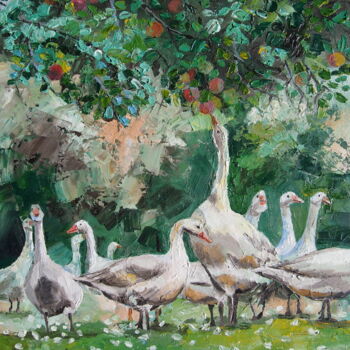 Peinture intitulée "Geese and Apple Tre…" par Elena Kondrateva, Œuvre d'art originale, Huile