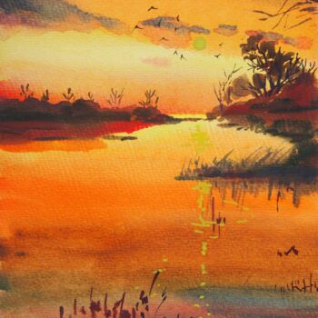 Peinture intitulée "Sunset Over the Riv…" par Elena Kondrateva, Œuvre d'art originale, Aquarelle