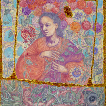 Картина под названием "Внутри граната" - Елена Козачук, Подлинное произведение искусства, Цветные карандаши