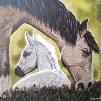 Peinture intitulée "Horse and foal" par Elena Kozyutenko, Œuvre d'art originale, Huile Monté sur Châssis en bois