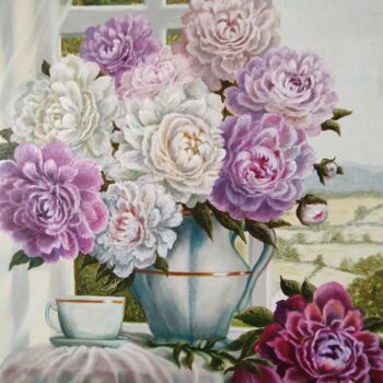 Schilderij getiteld "Bouquet of peonies…" door Elena Kozyutenko, Origineel Kunstwerk, Olie