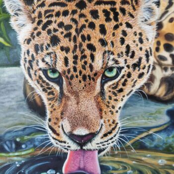 Schilderij getiteld "Leopard by the water" door Elena Kozyutenko, Origineel Kunstwerk, Olie Gemonteerd op Frame voor houten…