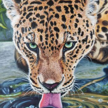 Painting titled "Leopard by the water" by Elena Kozyutenko, Original Artwork, Oil Mounted on Wood Stretcher frame