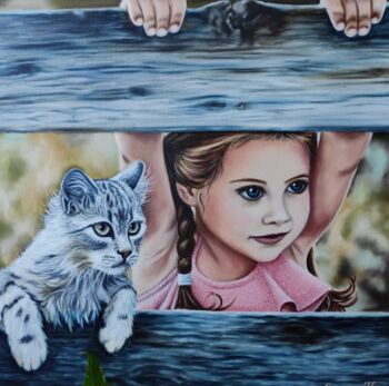 Pittura intitolato "Girl and cat" da Elena Kozyutenko, Opera d'arte originale, Olio Montato su Telaio per barella in legno