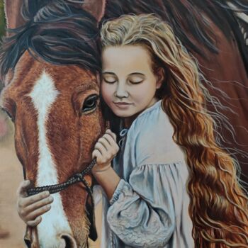 Картина под названием "Girl with a horse" - Elena Kozyutenko, Подлинное произведение искусства, Масло Установлен на Деревянн…
