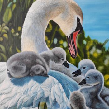 Painting titled "Swans" by Elena Kozyutenko, Original Artwork, Oil Mounted on Wood Stretcher frame