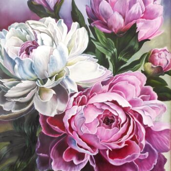 Painting titled "Bright peonies" by Elena Kozyutenko, Original Artwork, Oil Mounted on Wood Stretcher frame